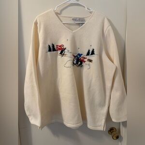 Vint White Stag Pullover V Neck Fleece w/Embroidered Holiday Penguins Sz 18W